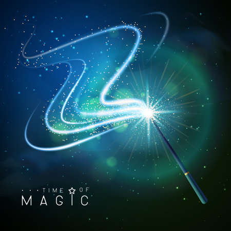 Magic wand with blue neon glowing shiny trail on abstract space background. Vector illustrationのイラスト素材