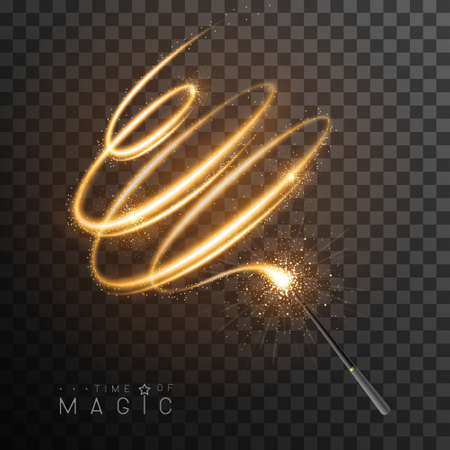 Magic wand with golden glowing shiny trail. Isolated on black transparent background. Vector illustrationのイラスト素材
