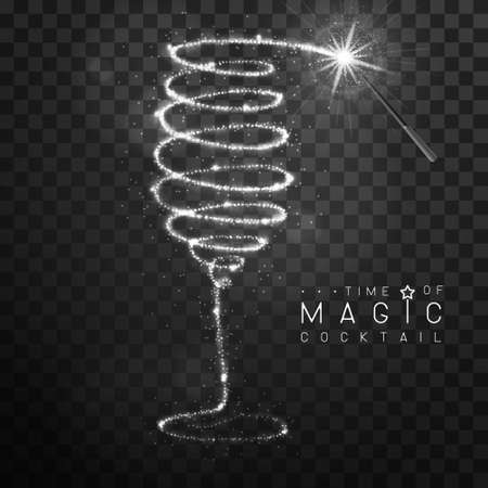Magic wand with silver glowing shiny trail. Champagne or wine glass silhouette isolated on black transparent background. Vector illustrationのイラスト素材