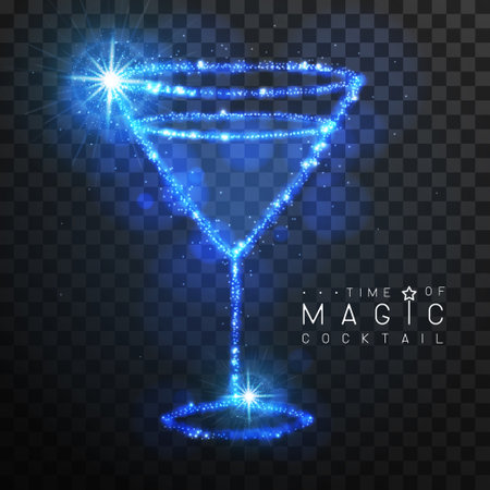 Cosmopolitan cocktail silhouette  with blue glowing shiny trail isolated on black transparent background. Vector illustrationのイラスト素材