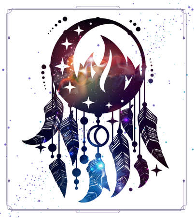 Modern magic witchcraft card with dream Catcher, crescent, fire element and space background inside. Vector illustrationのイラスト素材