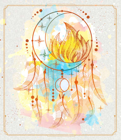 Modern magic witchcraft card with dream Catcher, crescent and fire element on watercolor background. Vector illustrationのイラスト素材