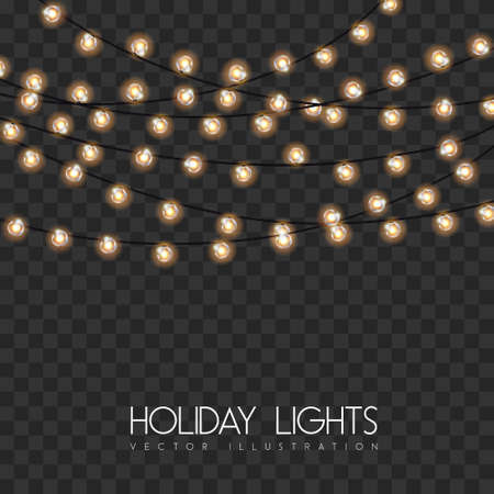 Vector garlang of gold or yellow lamps on transparent background. Holiday string of lights vector illustrationのイラスト素材