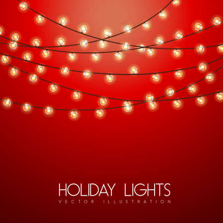 Vector garlang of gold or yellow lamps on red background. Holiday string of lights vector illustrationのイラスト素材