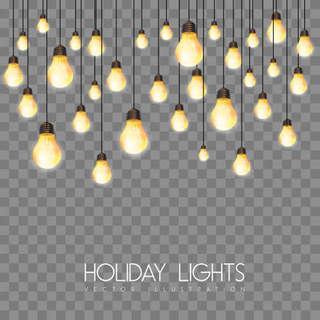 Vector garlang of gold or yellow lamps on transparent background. Holiday string of lights vector illustrationのイラスト素材