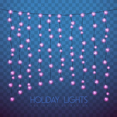 Vector garlang of pink lamps on transparent blue background. Holiday string of lights vector illustrationのイラスト素材
