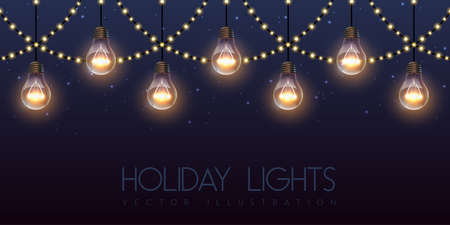 Vector garlang of gold or yellow lamps on night sky background. Holiday string of lights vector illustrationのイラスト素材