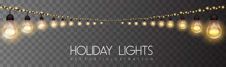 Vector garlang of gold or yellow lamps on transparent background. Holiday string of lights vector illustrationのイラスト素材