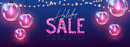 Christmas holiday sale banner with modern pink glowing lamps on blue backgroundのイラスト素材