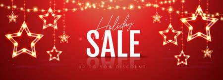 Christmas holiday sale banner with modern glowing star lamps on red backgroundのイラスト素材