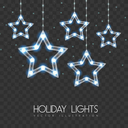 Vector garlang with blue lamps on transparent background. Glowing star shape. Holiday string of lights vector illustrationのイラスト素材