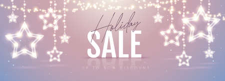 Christmas holiday sale banner with modern glowing star lamps on silver backgroundのイラスト素材