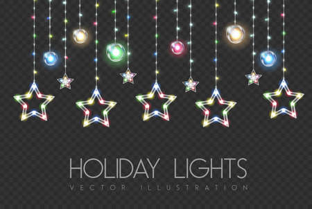 Vector garlang with colorful lamps on transparent background. Glowing star shape. Holiday string of lights vector illustrationのイラスト素材