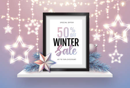 Winter sale poster with christmas holiday decorations. Chrisrmas background with string of lights. 3D interior design with black frame on white walll shelf.のイラスト素材