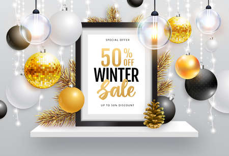 Winter sale poster with christmas holiday decorations. Chrisrmas background with string of lights. 3D interior design with black frame on white walll shelf.のイラスト素材