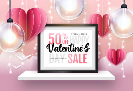 Valentines day sale poster with holiday decorations. Valentines Day background with string of lights. 3D interior design with black frame on pink walll shelf.のイラスト素材