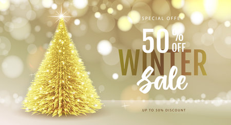 Winter sale poster with golden christmas tree on abstract blurred backgrund. Christmas and New Year background. Vector illustrationのイラスト素材