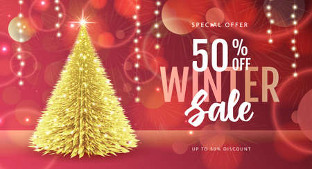 Winter sale poster with golden christmas tree on abstract blurred backgrund. Christmas and New Year background. Vector illustrationのイラスト素材