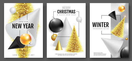 Set of Modern Christmas holiday covers with 3D geometric abstract shapes and christmas tree. Vector illustrationのイラスト素材