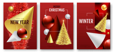 Set of Modern Christmas holiday covers with 3D geometric abstract shapes and christmas tree. Vector illustrationのイラスト素材