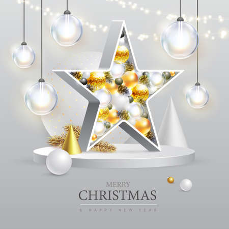 Merry Christmas and happy New Year poster with christmas holiday decorations. Christmas holiday background. Vector illustrationのイラスト素材