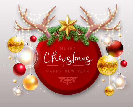 Merry Christmas and happy New Year poster with christmas holiday decorations. Christmas holiday background. Vector illustrationのイラスト素材