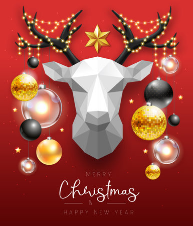 Merry Christmas and happy New Year poster with christmas holiday decorations. Paper deer head. Christmas holiday background. Vector illustrationのイラスト素材
