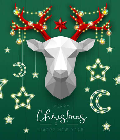 Merry Christmas and happy New Year poster with christmas holiday decorations. Paper deer head. Christmas holiday background. Vector illustrationのイラスト素材