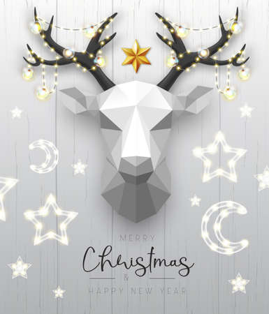 Merry Christmas and happy New Year poster with christmas holiday decorations. Paper deer head. Christmas holiday background. Vector illustrationのイラスト素材