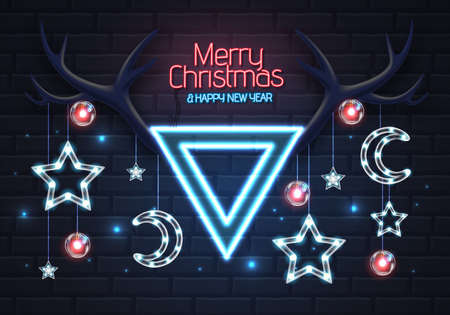 Neon sign Merry Christmas and happy New Year. Christmas background with deer horns and christmas decorationsのイラスト素材