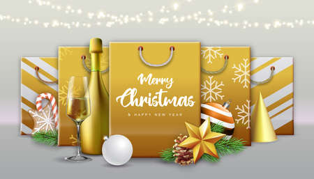 Christmas holiday background with paper bags or gift boxes with presents and christmas decorations. Vector illustrationのイラスト素材