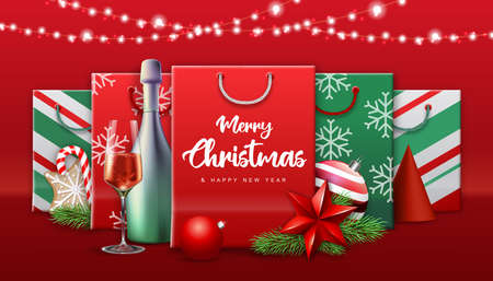 Christmas holiday background with paper bags or gift boxes with presents and christmas decorations. Vector illustrationのイラスト素材