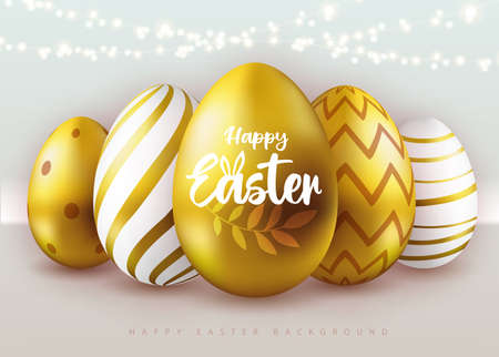 Holiday Easter background with golden easter eggs and string of lights. greeting card or poster. vector illustrationのイラスト素材