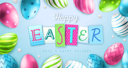 Holiday Easter background with colorful easter eggs. Typography design. top view. greeting card or...