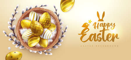 Holiday Easter background with golden easter eggs in the nest. greeting card or poster. vector illustrationのイラスト素材