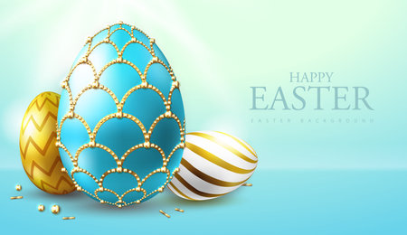 Holiday Easter background with golden and blue easter eggs. Faberge egg. greeting card or poster. vector illustrationのイラスト素材
