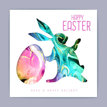 Easter egg and rabbit silhouette with alcohol ink background. Cut out paper art style design. easter greeting card. vector illustrationのイラスト素材