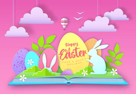 Open fairy tale book with Easter eggs and rabbits. Cut out paper art style design. vector illustrationのイラスト素材