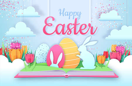 Open fairy tale book with Easter eggs and rabbits. Cut out paper art style design. vector illustrationのイラスト素材