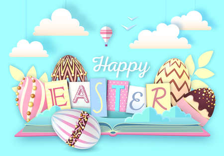 Open fairy tale book with Easter eggs. Cut out paper art style design. vector illustrationのイラスト素材