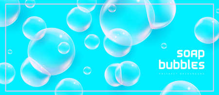 Abstract background with realistic soap bubbles. Bubbles with rainbow reflection. vector illustrationのイラスト素材