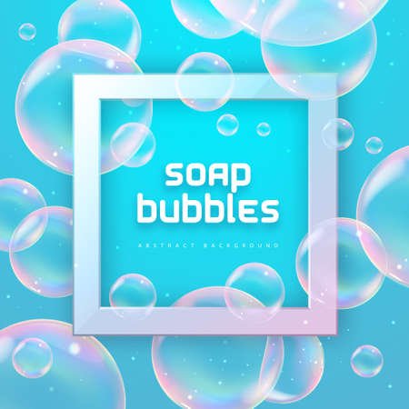 Abstract background with realistic soap bubbles. Bubbles with rainbow reflection. vector illustrationのイラスト素材