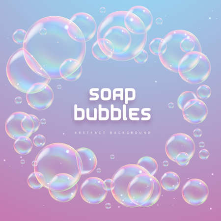 Abstract background with realistic soap bubbles. Bubbles with rainbow reflection. vector illustrationのイラスト素材