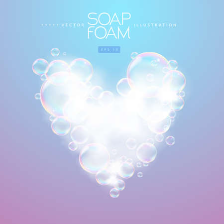 Soap foam like love heart on gray background. Soap Bubbles with rainbow reflection. vector illustrationのイラスト素材
