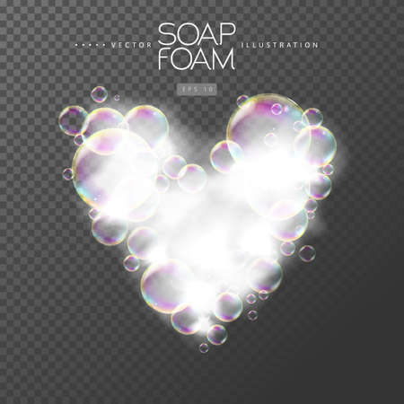 Soap foam like love heart on transparent background. Soap Bubbles with rainbow reflection. vector illustrationのイラスト素材
