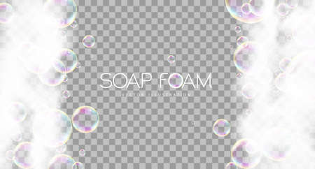 Soap foam with soap rainbow bubbles isolated on transparent background. vector illustrationのイラスト素材