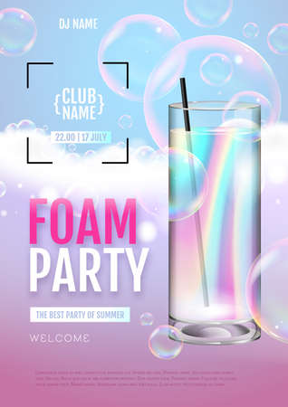 Disco foam cocktail party poster. Soap foam with soap rainbow bubbles. vector illustrationのイラスト素材