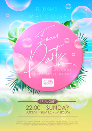 Disco summer foam party poster. Soap foam with soap rainbow bubbles. vector illustrationのイラスト素材