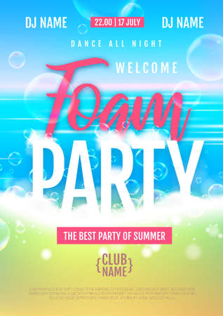 Disco summer foam party poster. Soap foam with soap rainbow bubbles. vector illustrationのイラスト素材