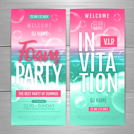 Disco summer foam party poster. Soap foam with soap rainbow bubbles. Invitation design. vector illustrationのイラスト素材